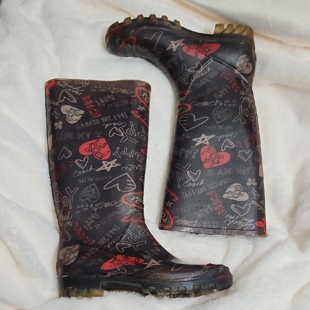 Coach Poppy Graffiti Rain Boots – Size 6 – Black/Red Logo Print